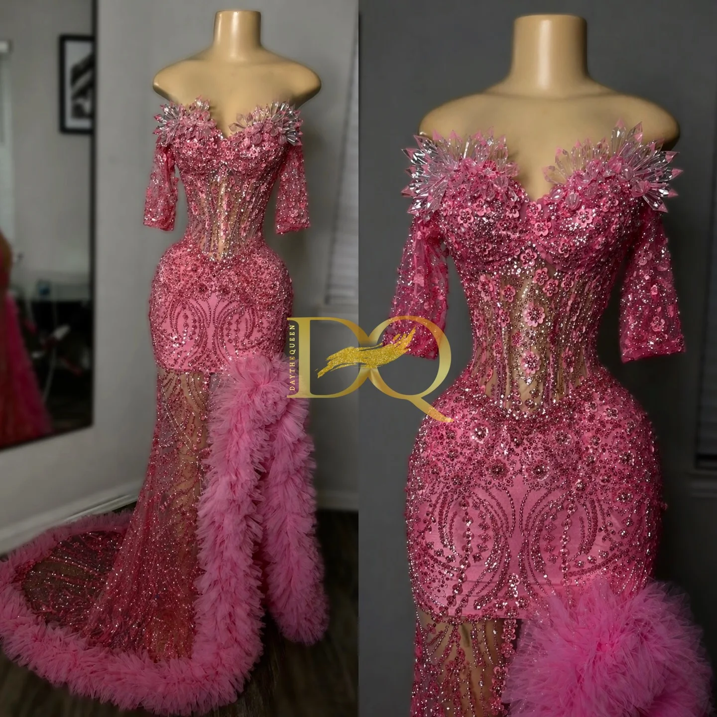 

Pink Off Shoulder Sequin Crystal Mermaid Prom Dress Feather Trim Luxury Sheer Corset Evening Gown for Women Customized