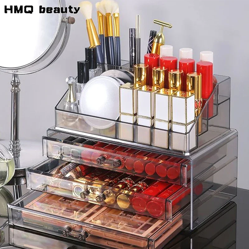 Clear Acrylic Makeup Layered Storage Box Dressing Table Cosmetic Lipstick Finishing Grid Box Desktop Drawer Storage Compartment