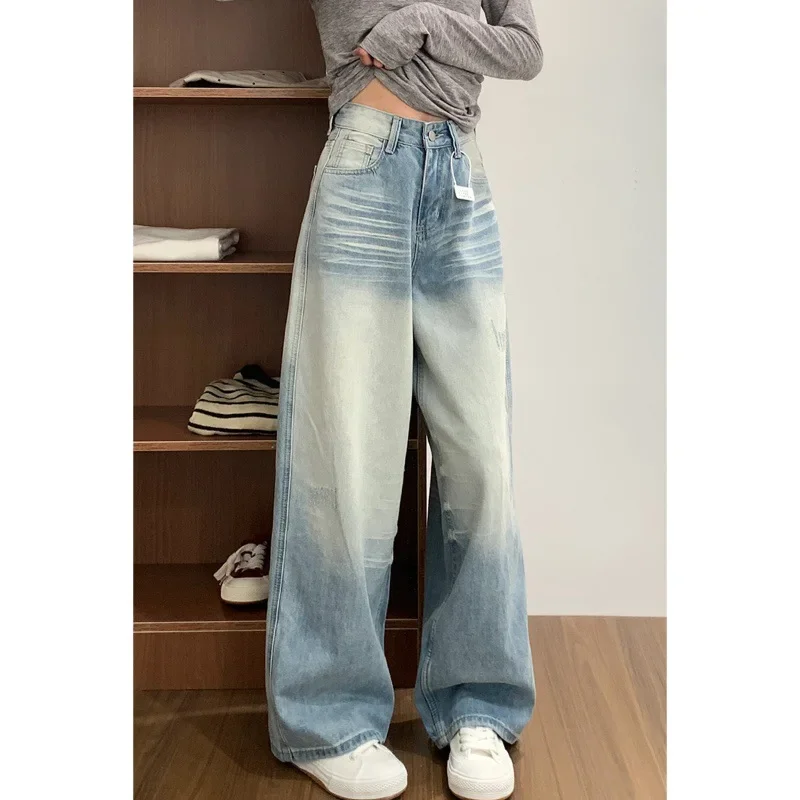 

Женские джинсы, молодежная женская одежда Y2k, прямая синяя повседневная одежда в стиле ретро 2000-х годов, американская рваная женская одежда унисекс с рваными отверстиями