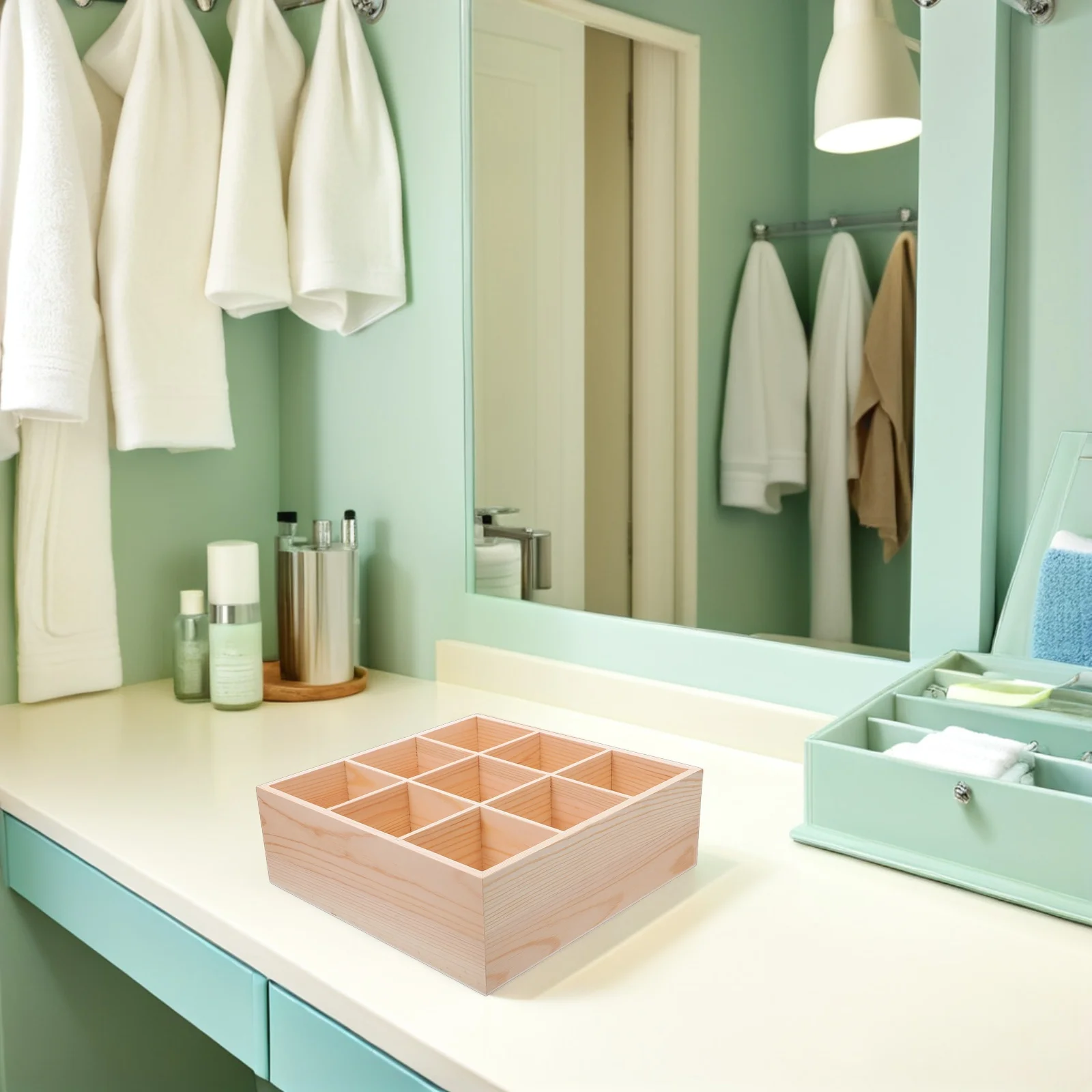 

Wooden Desktop Organizer with Drawer 9 Compartments Brown Wood Storage Box for Office Desk Accessories Supplies Organization