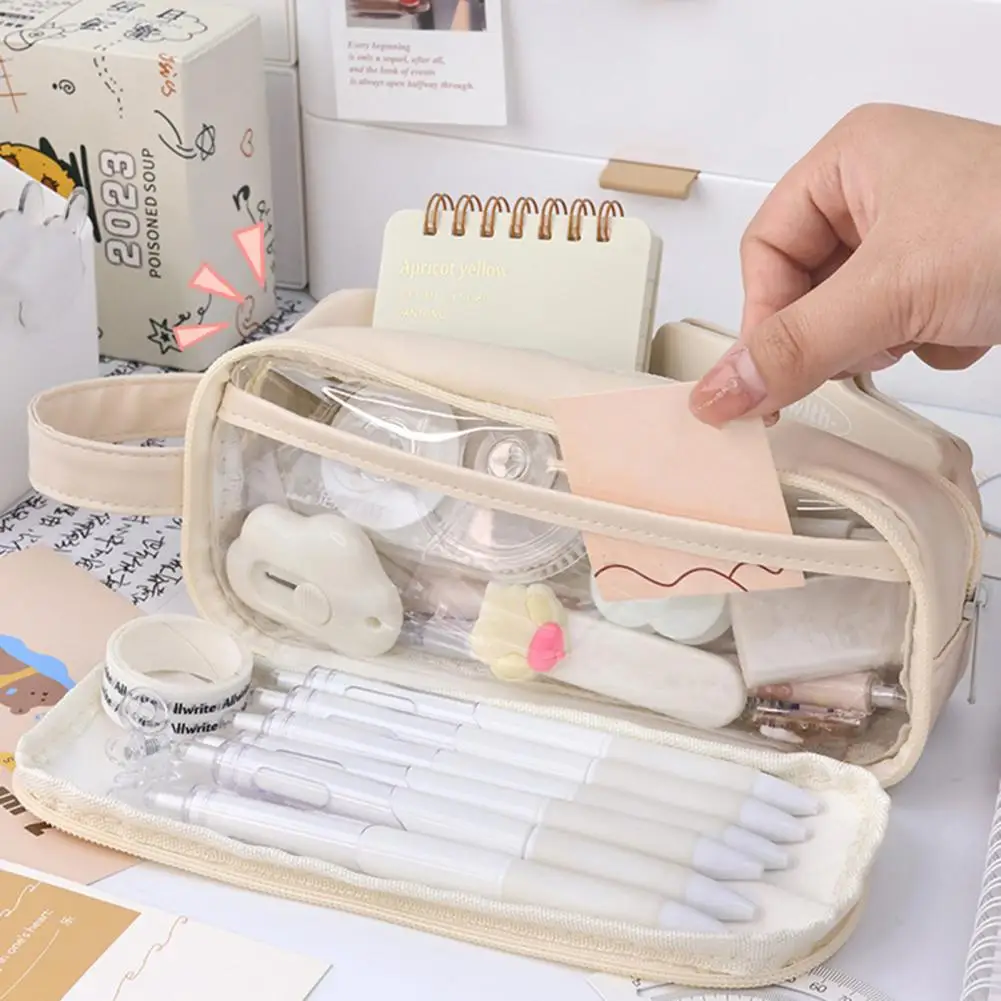 Pencil Case Large Capacity Double Layer Transparent Zipper Closure Waterproof Item Storage PVC Pencil Storage Bag Container