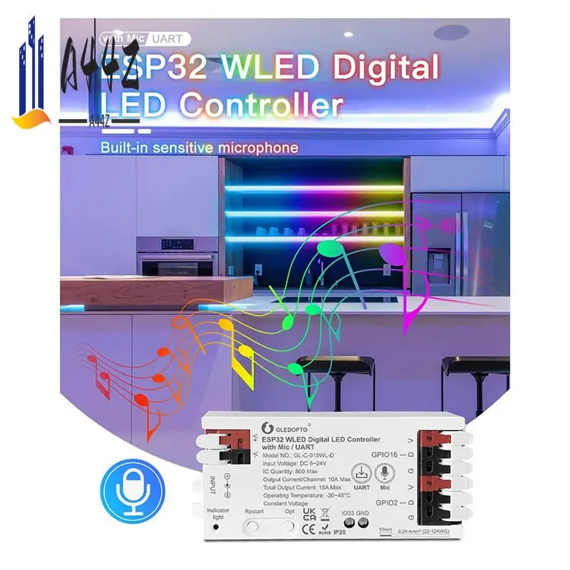 A44Z-GLEDOPTO ESP32 WLED LED Light Strip Controller Mic UART Download Music Sound Dynamic RGB DIY Wifi WS2811 WS2812 SK6812