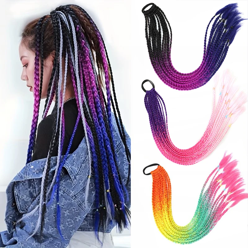 24Inch Synthetic Long Straight 12 Strands Hair Extensions Rubber Bands Rainbow Braided  Ponytail Hair Accessories for Women