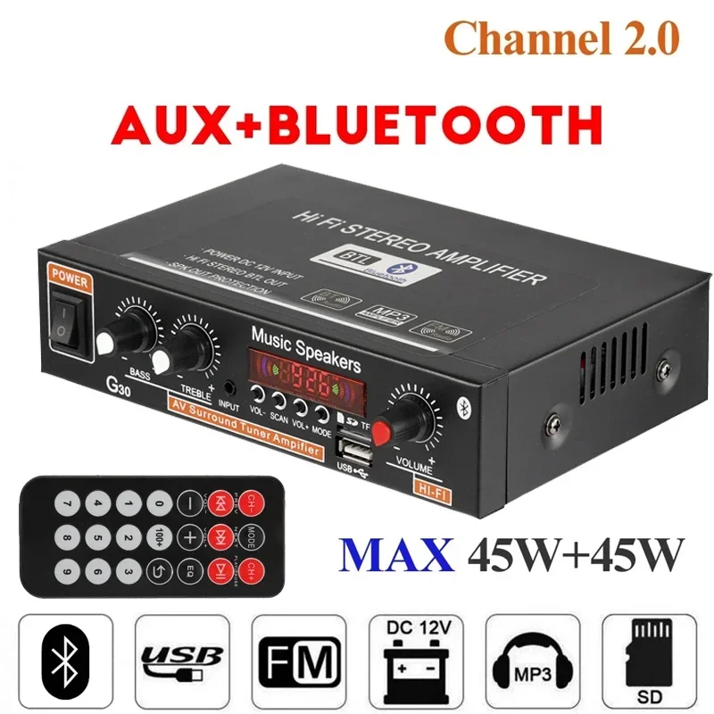 

G30 Audio Amplifier 45Wx2 Channel 2.0 Digital for Home Car Powerful Bluetooth Hifi Stereo Subwoof AMP Support USB TF FM AUX