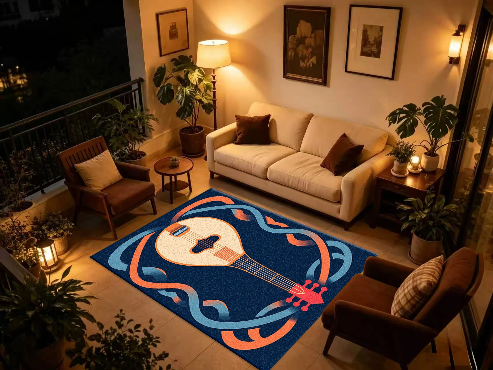 Vintage Lute Musical Instrument Art Carpet Flooring, Retro Ornamental Pattern Non-Slip Area Rug for Home Living Room Study Floor Mat