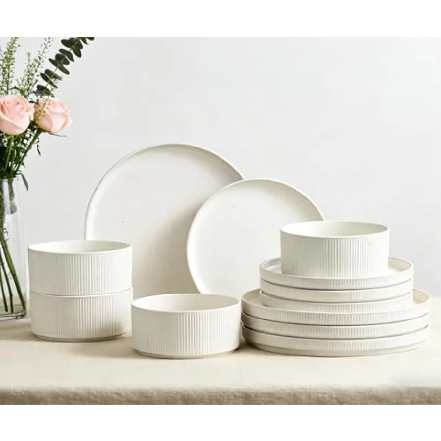 

Ceramic Dinnerware Sets for 4-12 Pcs Plates and Bowls Set Microwave and Dishwasher Safe Stoneware Ribbed Dishes and 22oz Bowls