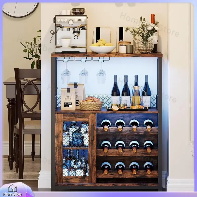 Rustic Wine Bar Cabinet with LED Lights Removable Wine Rack Storage Industrial Sideboard Buffet for Living Room Dining Room