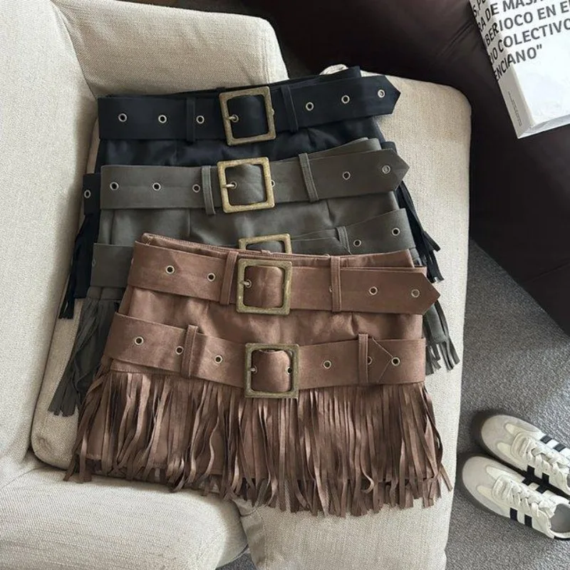 

Autumn New Double Belt Suede Skirt Women's High Waist Fringed Short Skirt