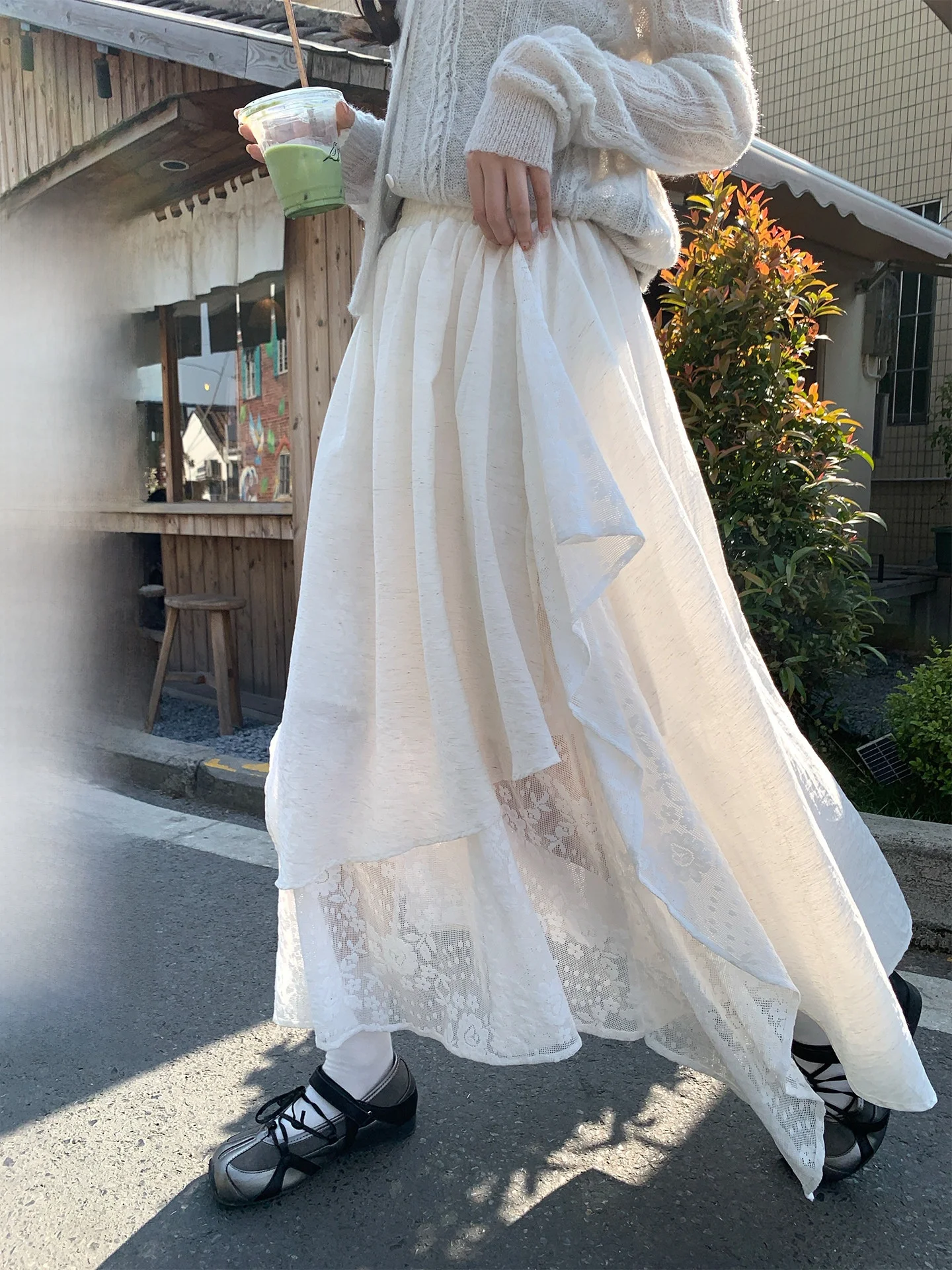 

Sweet Floral Lace Elastic Waist Midi Skirt Asymmetrical Korean Style Half-length Spring New Arrival for Women City Commute Ca...