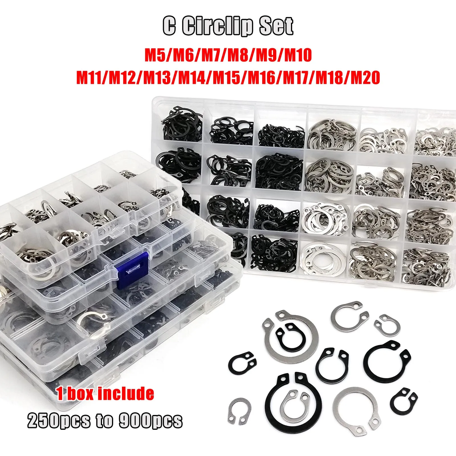 

1 комплект смешанного комплекта от M5 до M20, стопорный зажим для подшипника вала, стопорное кольцо типа C, внешнее стопорное кольцо, нержавеющая сталь, черный, 65mn