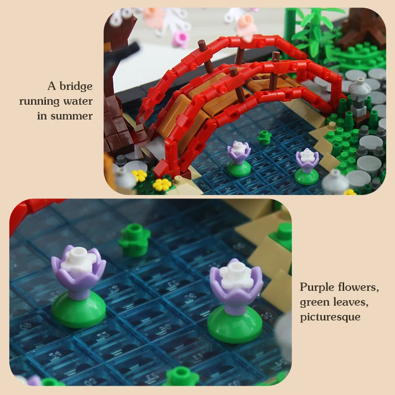 Zen Garden Architecture Building Blocks Peach House Pavilion Waterfall River Micro-particelle assemblaggio di mattoni giocattoli per bambini