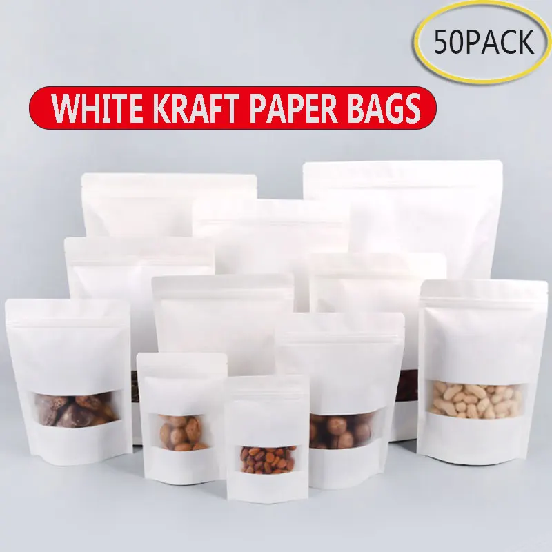 50pcs white kraft paper bags stand up Zipper/zip lock candy tea dried fruit gift packaging Moisture-proof open window pouch