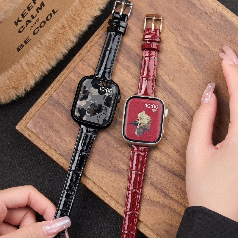 Shiny Premium Leather Strap For Apple Watch 42mm 46 44 45 40 4138 49mm Small Waist Band iWatch Series 11 10 9 8 7 6 5 4 Ultra3/2