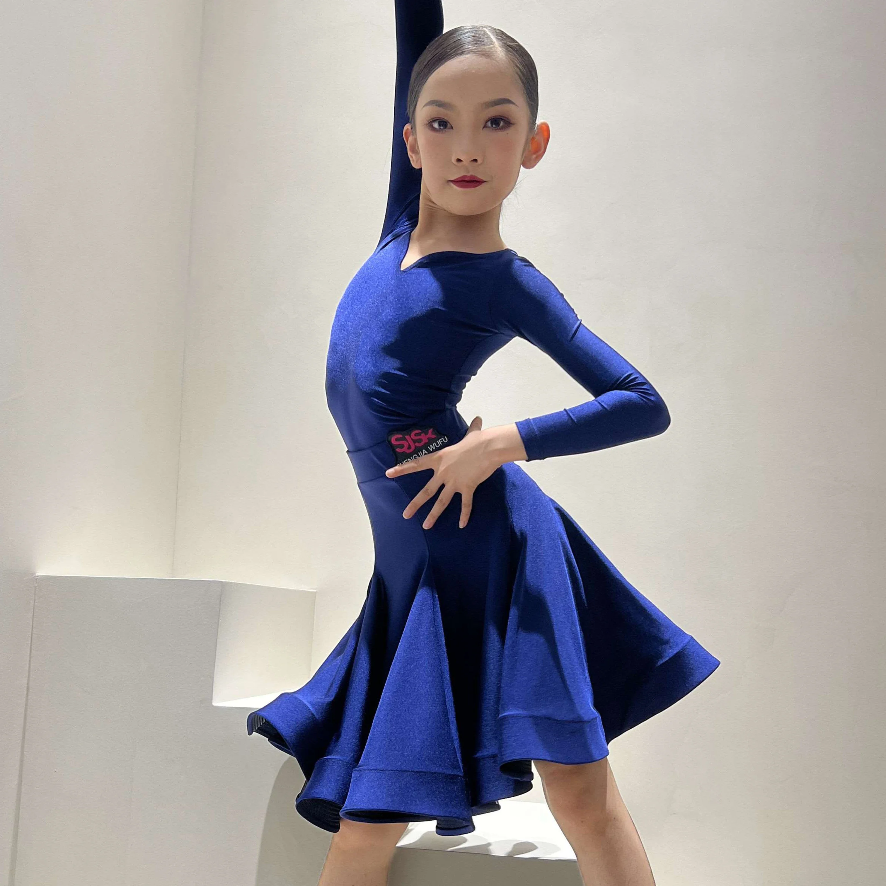 

Kids Blue Latin Dance Clothes Professional Competition Dress Long Sleeves Suit Cha Cha Rumba Dance Training Practice Wear V26252