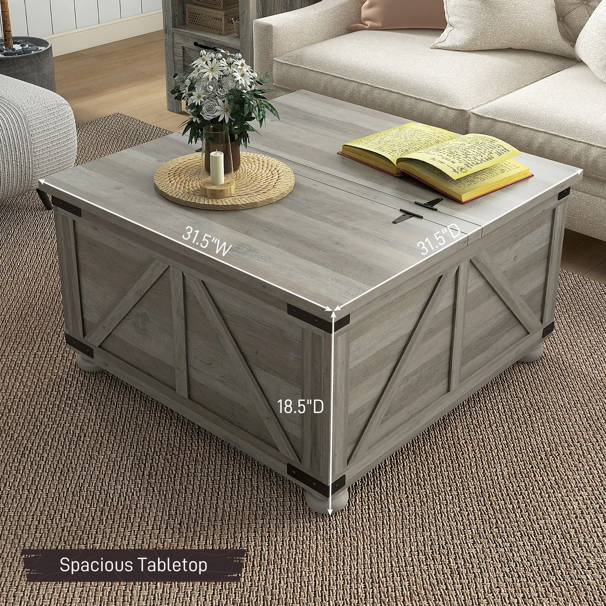 Zones com-Table basse avec dessus rabattable, rangement GNE, table centrale carrée grise