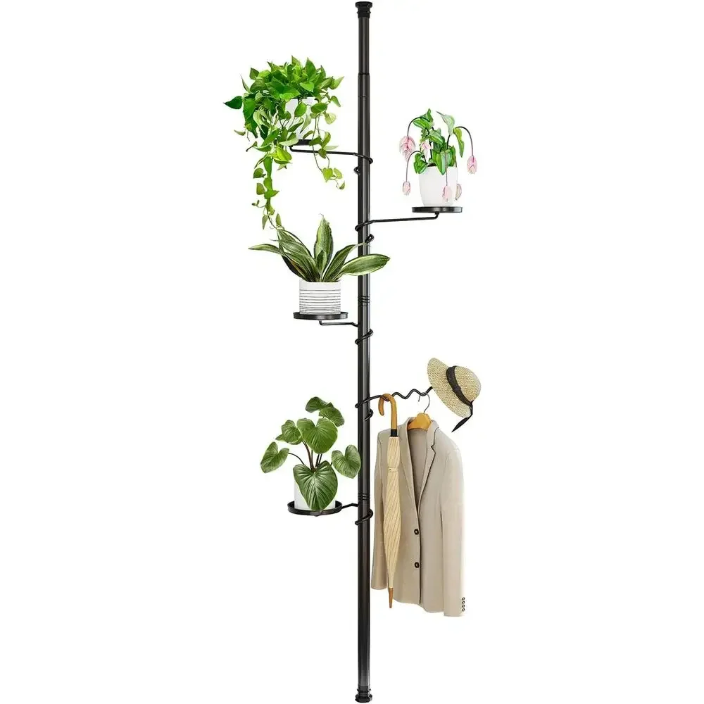 5-Tier Adjustable Indoor Plant Stand with Spring-Loaded Hanger, 4 Trays and 1 Wave Hook, Black