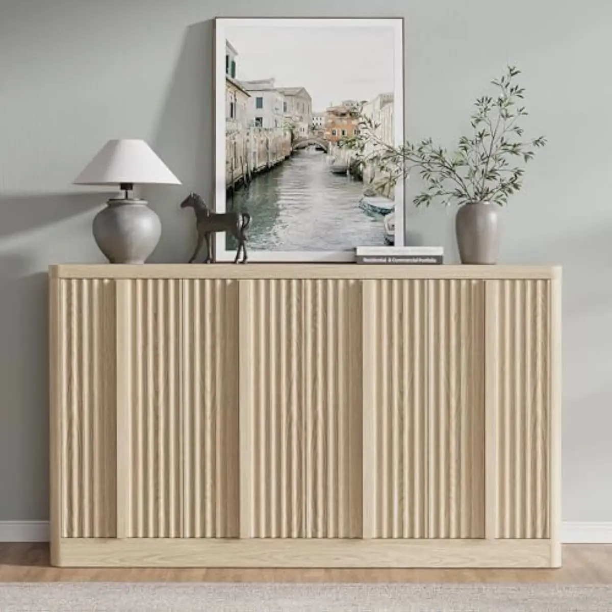 60 Inch Fluted Buffet Cabinet with Adjustable Shelves and Curved Wave Panels for Dining Room or Living Space Storage Use Only En