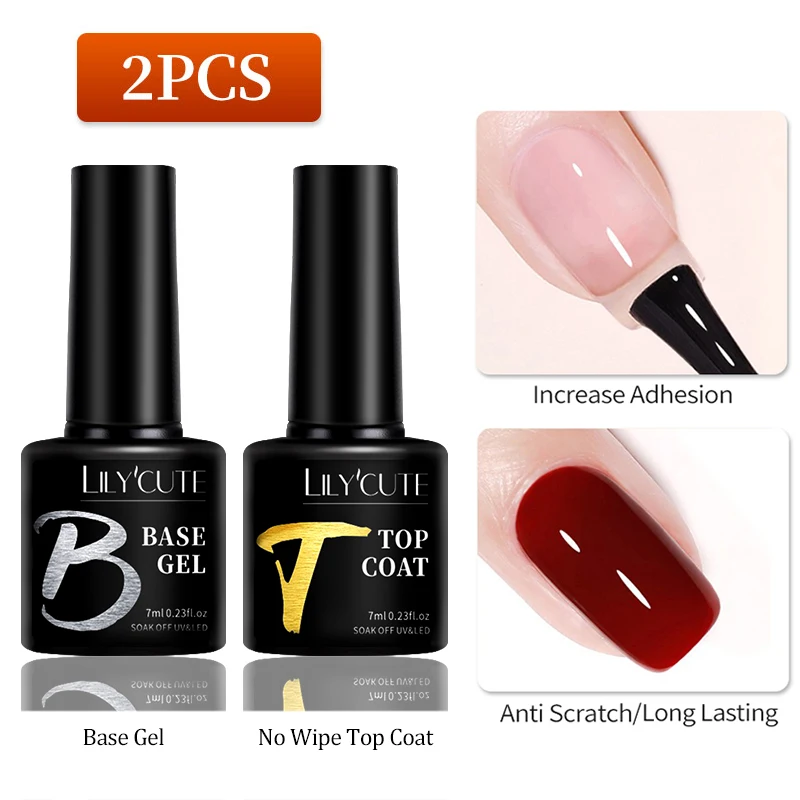 LILYCUTE 2PCS Base Nowipe Top Coat Set Soak Off UV LED Gel Nail Polish Reinforcement Gel Semi Permanent Multifunction Nail Gel
