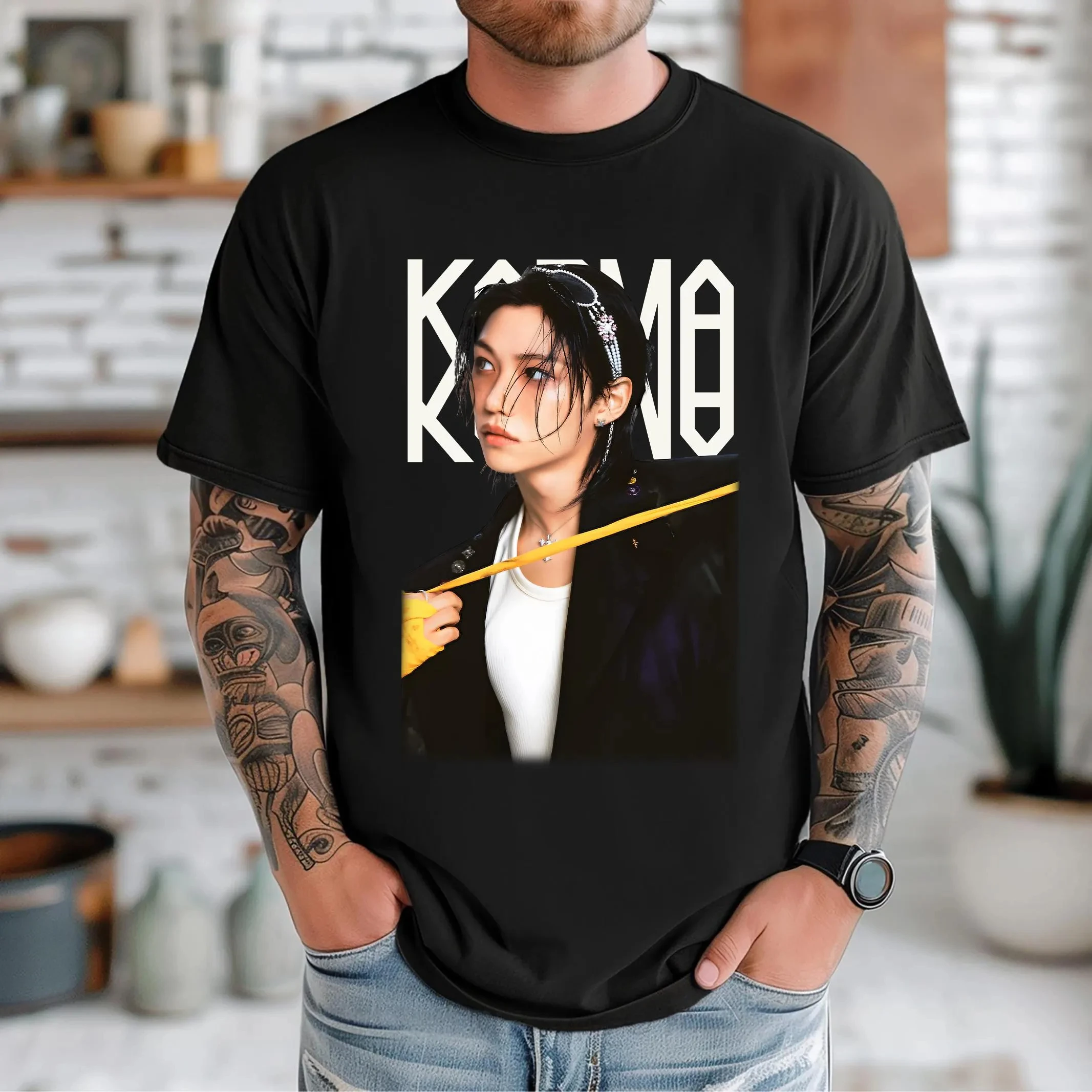 100% Cotton Hip Hop Tee Shirt Harajuku Tops Streetwear KPOP The 4th Album KARMA T Shirt CHANGBIN HYUNJIN FELIX Korean Fashion