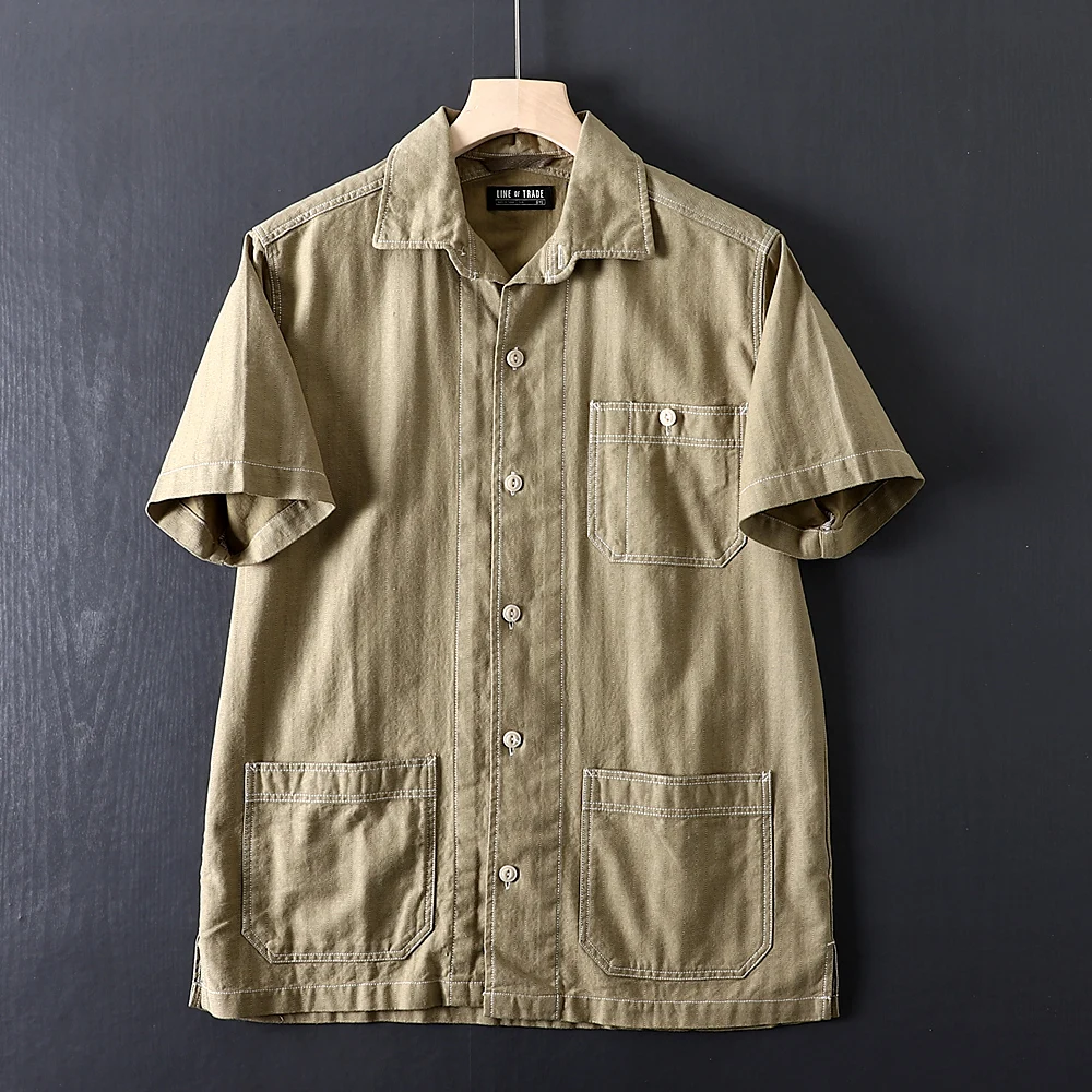 Men's Short Sleeve Shirt 100% Cotton Washed Breathable Summer Workwear Casual Loose Fit Regular Length Vintage Japanese Style