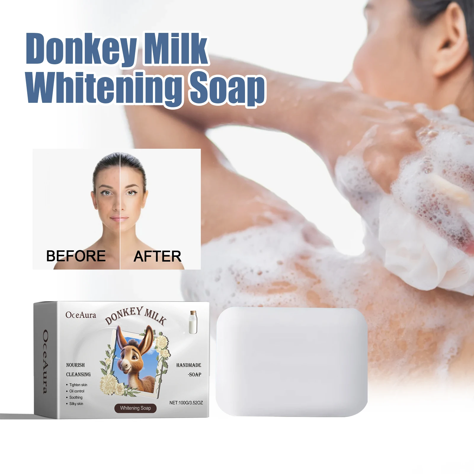 OCEAURA Donkey Milk Whitening Soap with Donkey Milk,Butyrospermum oil Bath Soaps Donkey Milk Soap Suitable for all Skin Types