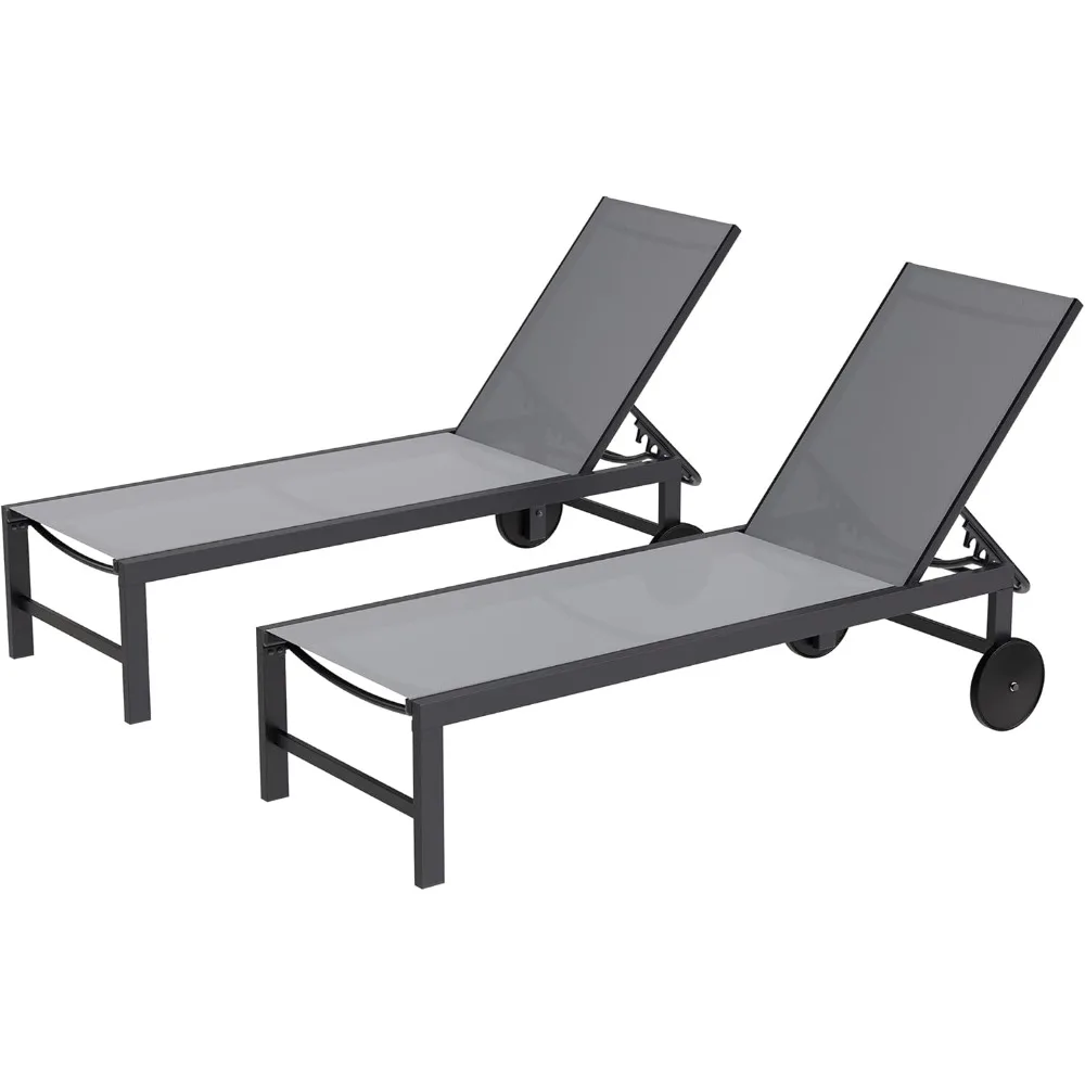 

2 PCS Outdoor Chaise Lounges Chair with Wheels Aluminum Reclining Patio Lounge Chairs with 5 Adjustable Position Recliner for P
