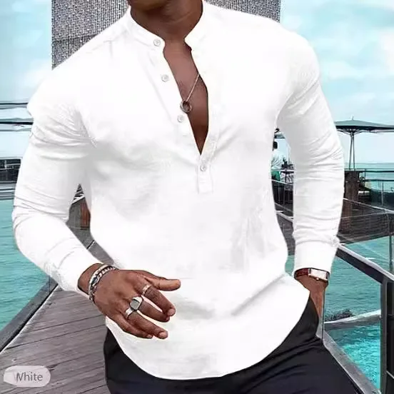 

Men's Casual Long Sleeve Hooded Shirt 2024 Spring Season Regular Fit Elastic Fabric Henry Collar Daily Wear Pure Color Top