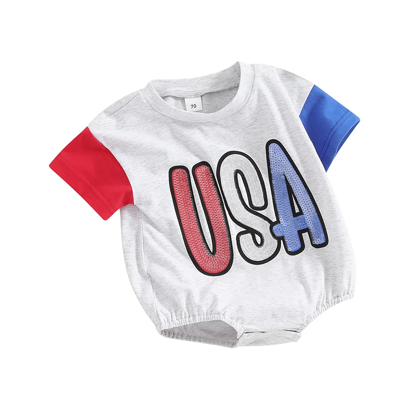 

Newborn Baby Summer Romper 4th of July Outfit Sequin Letter Print Short Sleeve Jumpsuit for Toddler Cute Clothes