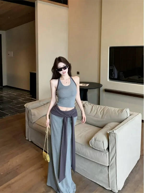 Color Blo ort Crop Top And Skirt Set for Women Summer Design Sense Hanging Ne Strap Vest ter f Body Skirt Two Pie...