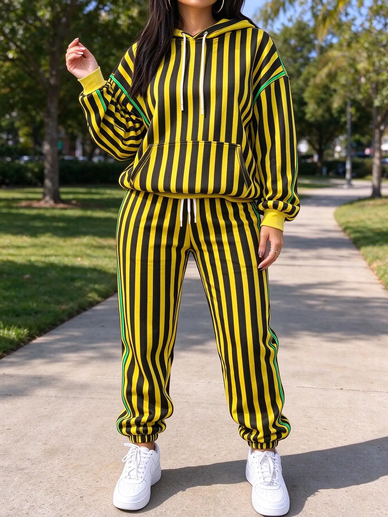 Classic Vertical Stripe 2 Piece Set, Ladies Drawstring Hoodie and Elastic Jogger Pants
