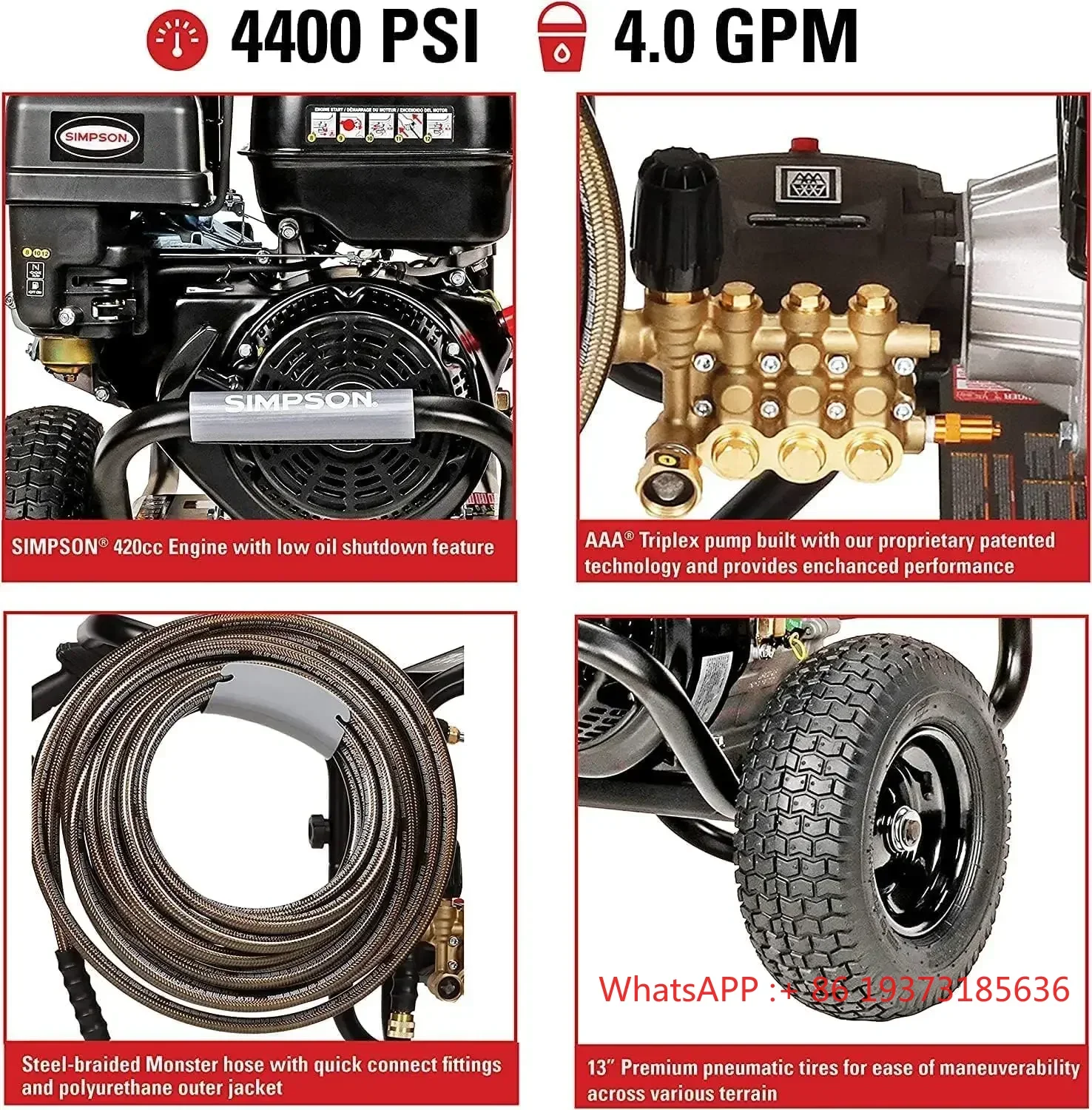 for SIMPSON Cleaning PS60843 PowerShot 4400 PSI Gas Pressure Washer, 4.0 GPMCRX 420cc Engine Includes Spray  Extension Wand