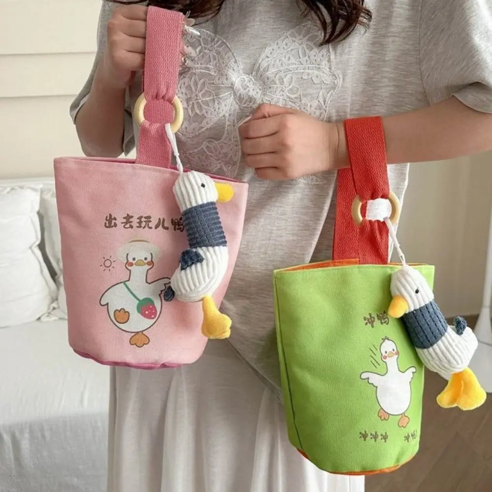 

Cute Printed Canvas Bucket Bag Duck Lunch Bag Cartoon Animal Tote Bag Large Capacity Korean Style Print Handbag Children