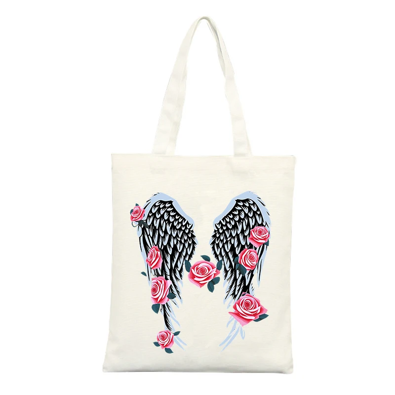 Bolso de lona con estampado de alas de ángel y rosas, de estilo informal, ideal para ir de compras y para el día a día.