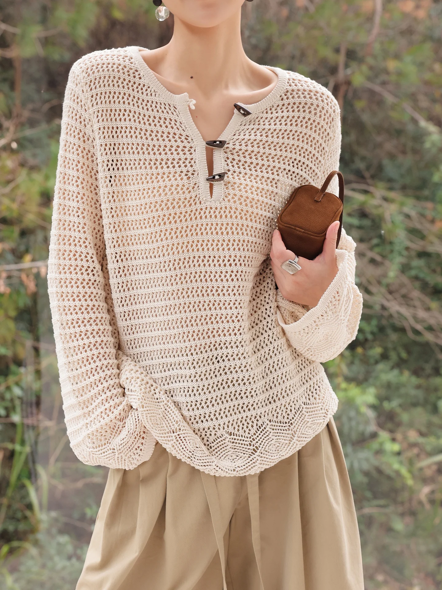 

JWUNIQUE Coconut Hollow Knitted Shirt Lightweight Loose Breathable Casual Style Women's Long Sleeve round Neck Top