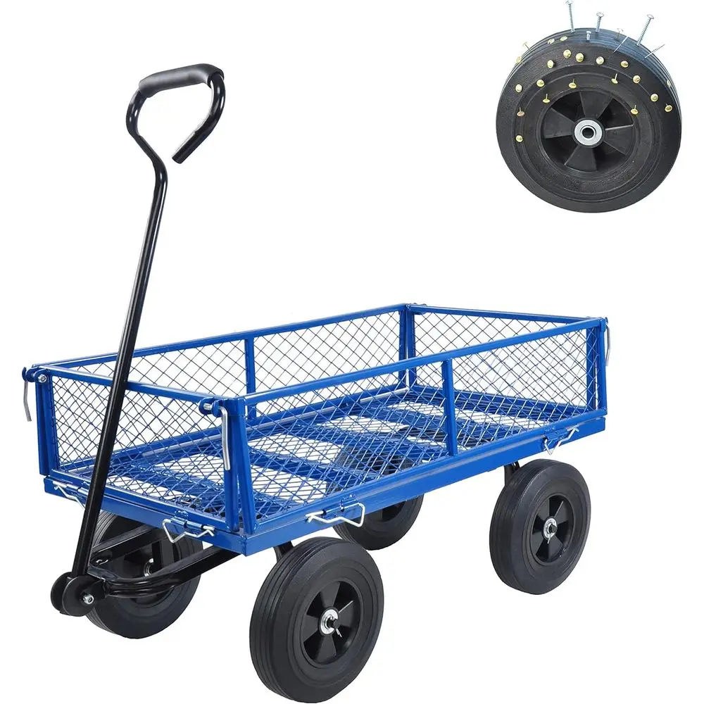 

10 Steel Garden Wagon with Large Mesh, 1100 lbs Capacity, Detachable Sides, No Air Tires for Industrial Use