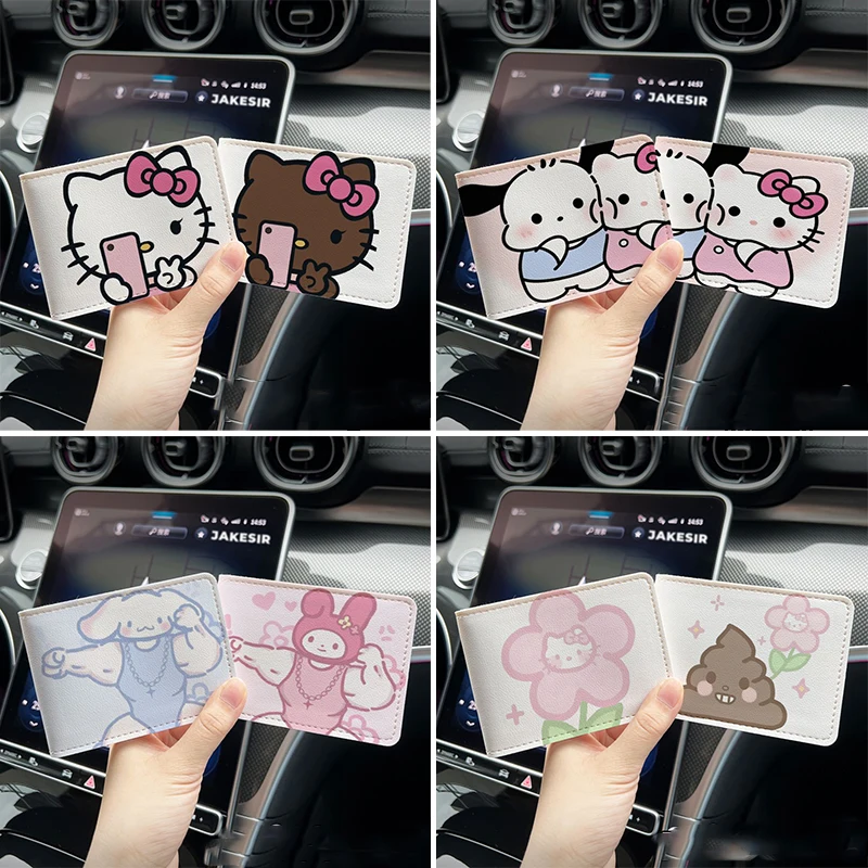 Kawaii Sanrios HelloKitty Ultra-Thin Driver License Holder Anime Four Card Slots Leather Passport Document Protective Cover Gift