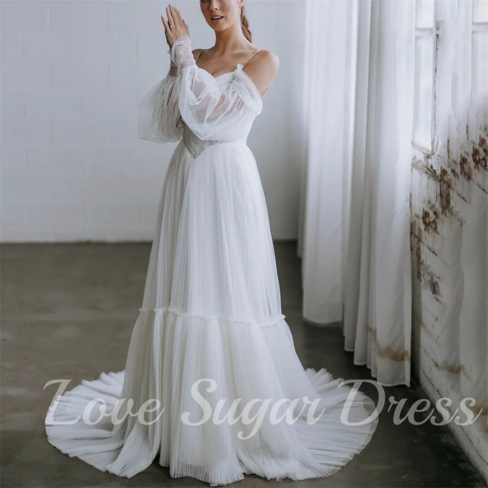 Plisowane suknie ślubne A Line V Neck Tulle Bridal Gowns Sexy Off Shoulder Floor Length Bride Dress vestidos para mujer