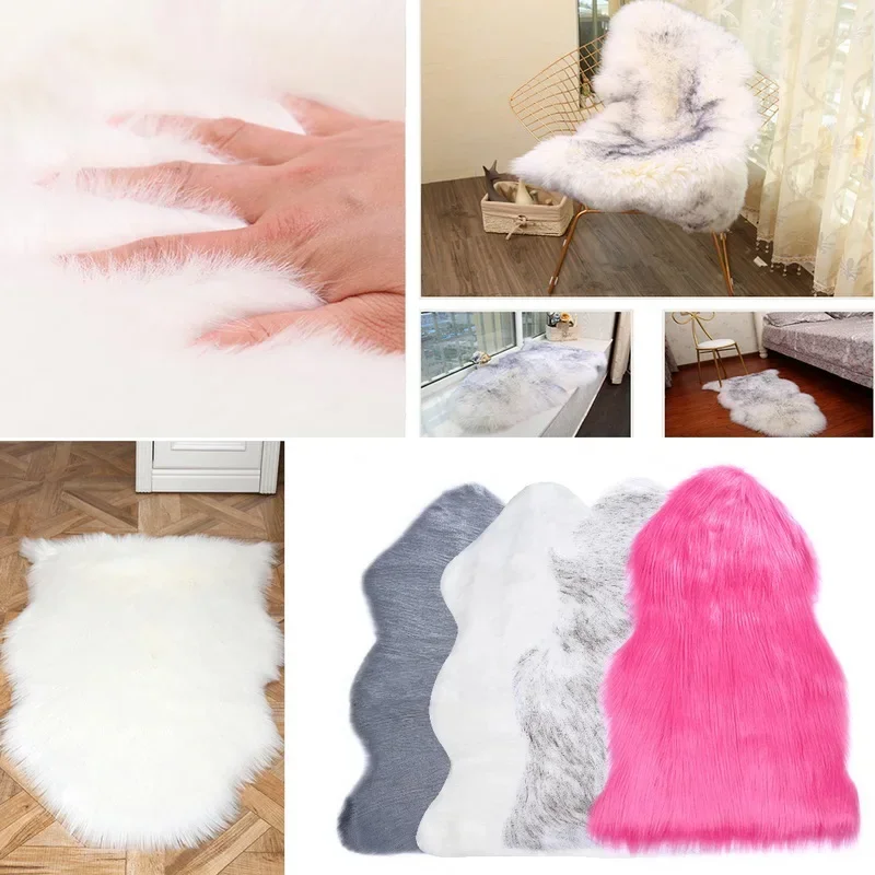 Chair Cover Plain Skin Fur Soft Sheepskin Warm Hairy Carpet Seat Pad Plain Fluffy Rugs Washable Bedroom Faux Mat Home