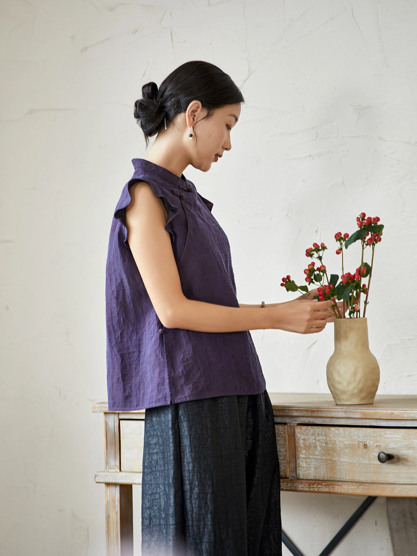 

Фиолетовая шелковая блузка с узором «черепаха» для женщин, летняя, в китайском стиле, премиум-класса, дышащая, с воротником-стойкой