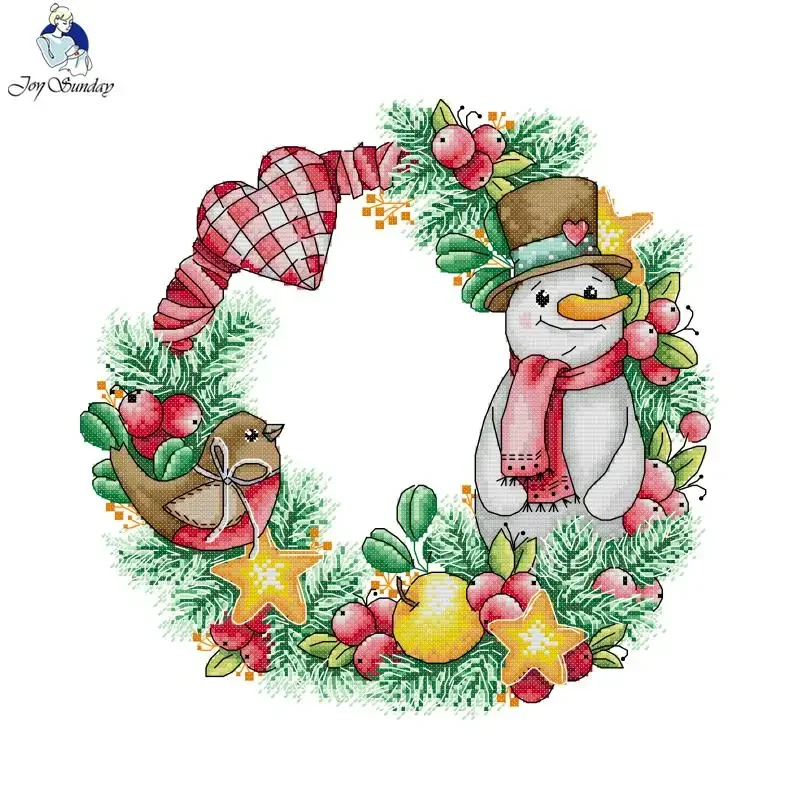 Joy Sunday Christmas Snowman Wreath Printed Cross Stitch Kits Aida Cloth 16CT 14CT Fabric DIY Canvas Craft Hand Embroidery Sets