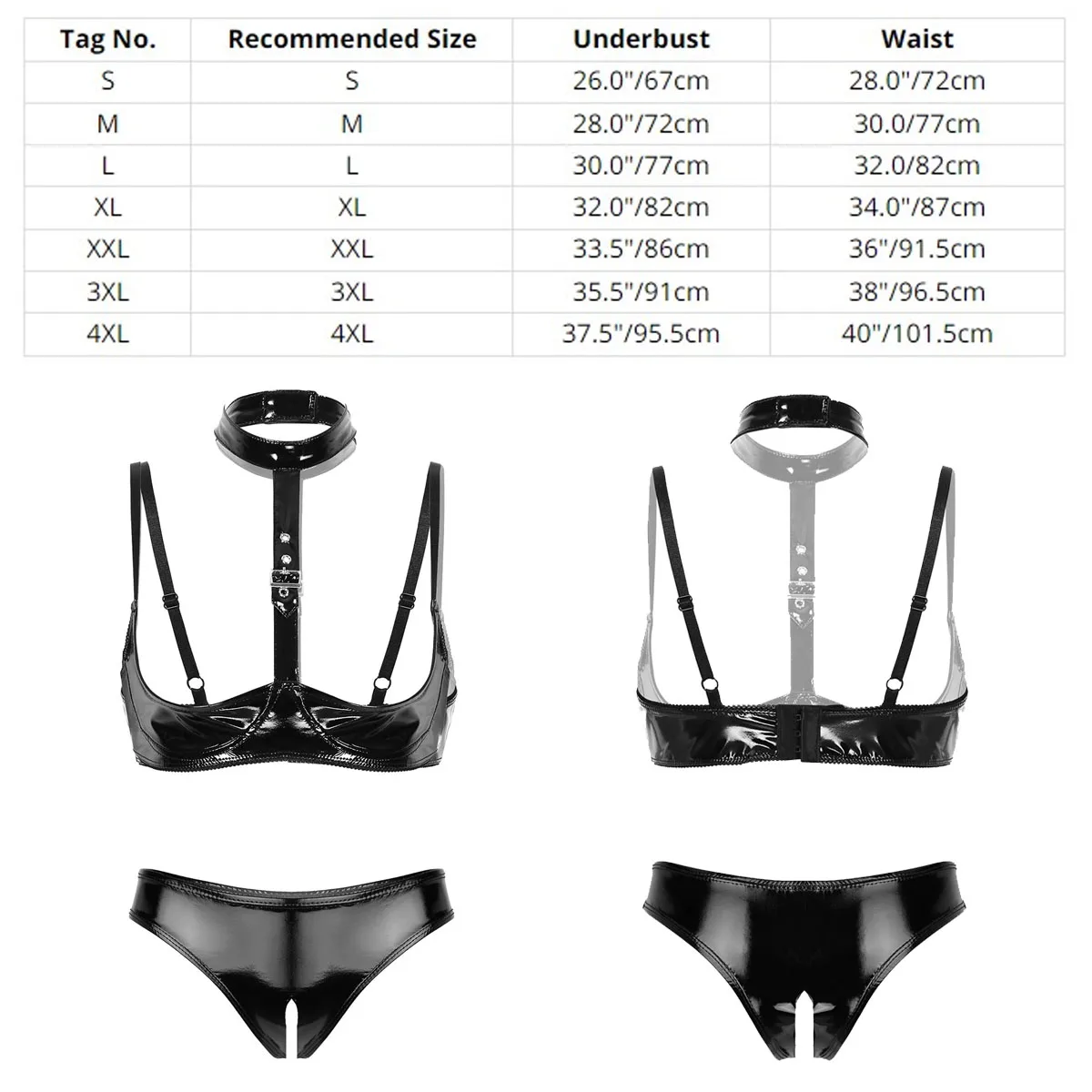 Womens Patent Leather Lingerie Set Black Buckle Halter Wetlook Latex Wire-free Open Cup Bra Top Exposed Breasts Bralette