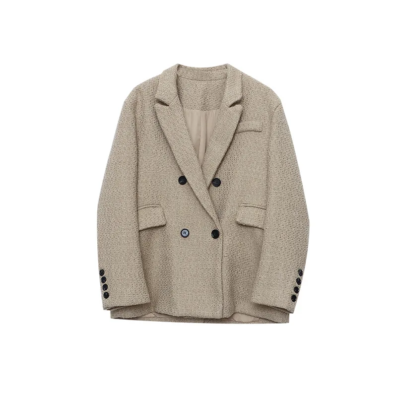 高品質ヴィンテージツイードレジャースーツコート女性の秋と冬のファッションルーズカーキベーシックオフィスレディフレンチコート