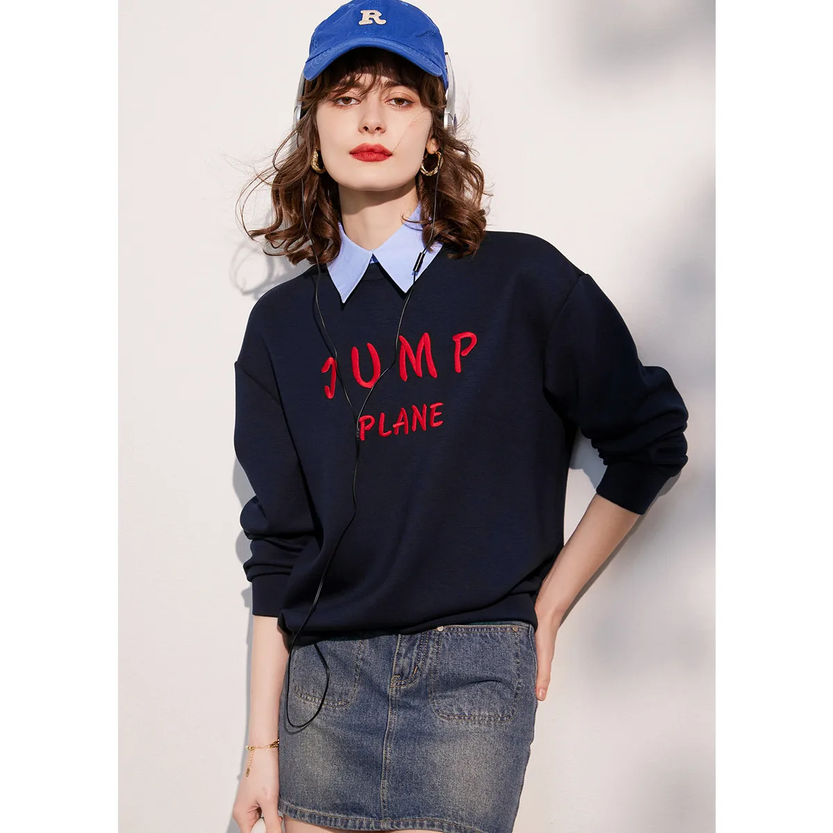 LOUIS YAO 2025 Spring Autumn Letter Embroidered Loose Fake Two piece Fashionable Falling Shoulder Long Sleeve Women's Hoodie