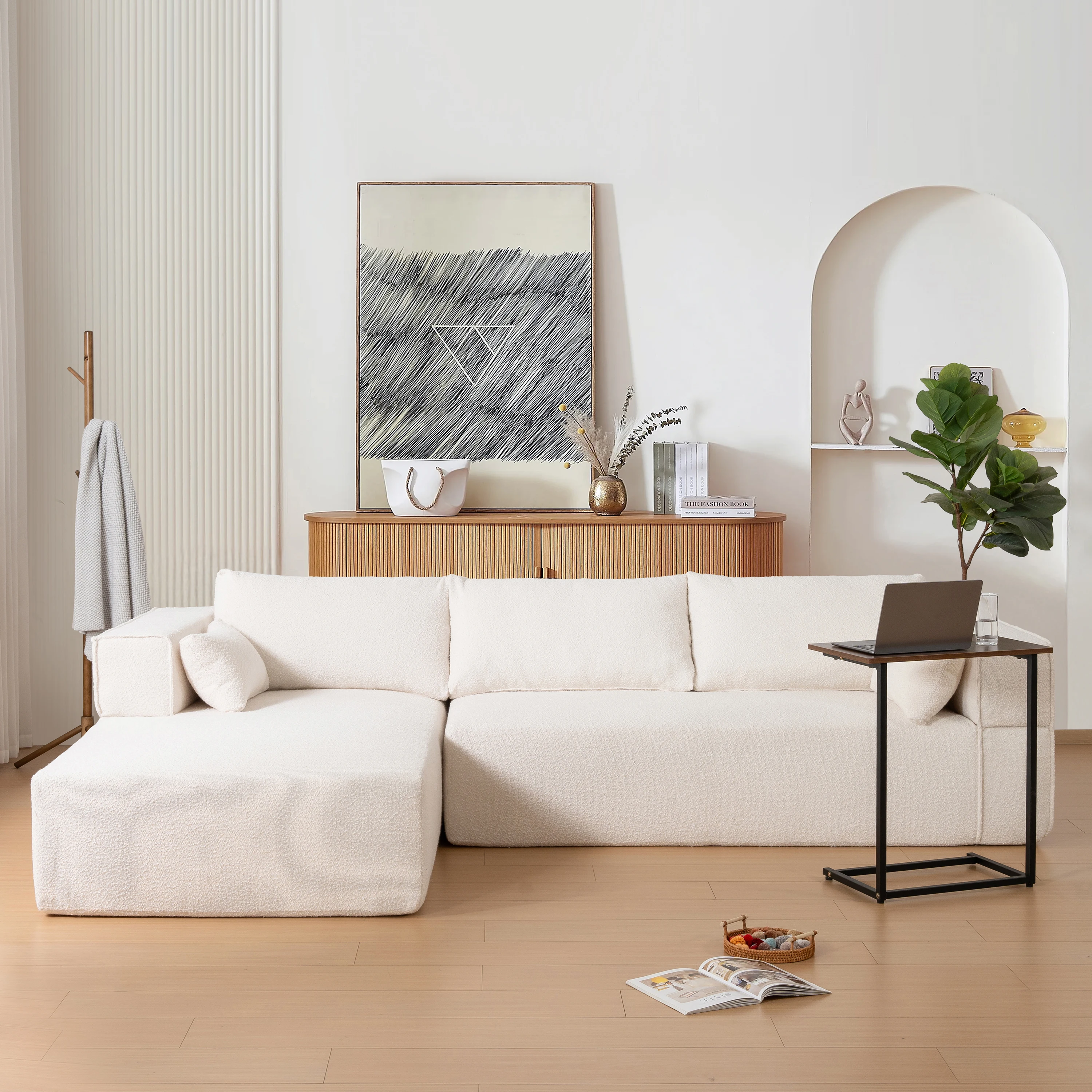 

Modular Sectional Sofa with Free Side Table,Wide Seat,Fully Compressed,Wrinkle-resistant Boucle Fabric Couch with Chaise.