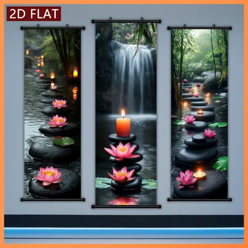 VIKAMA Zen Lotus Stone Candle Wall Tapestry Waterfall Bamboo Spa Scroll Art Home Decor Retro Style Soft Durable Cozy Aesthetic