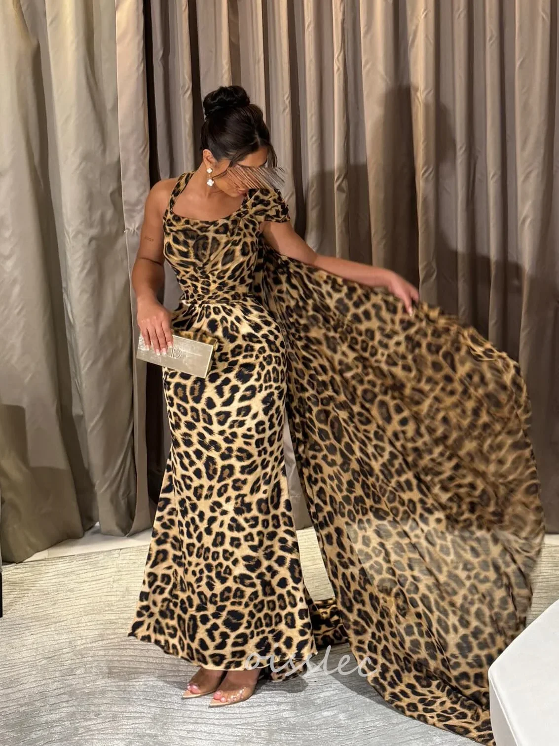 Simple Leopard Mermaid Evening Dresses Sleeveless Formal Occasion Gown Ruffled Prom Dress Evening Gowns 2024 Ankle Length