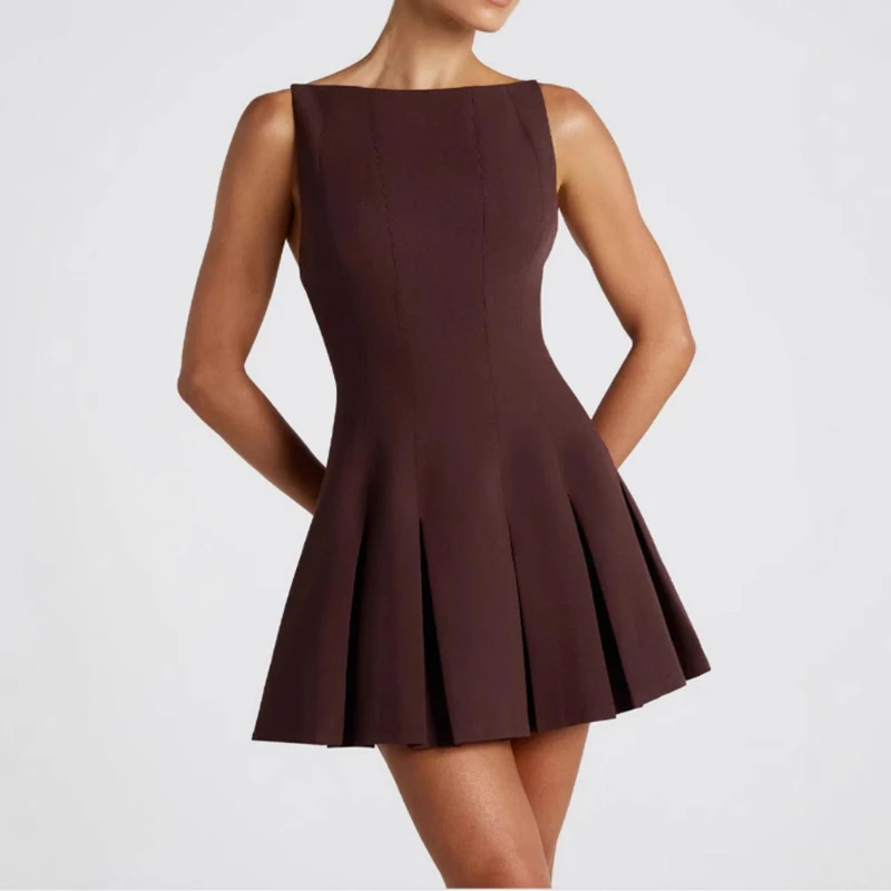 

Simple Solid Color Sleeveless Oversized Pullover Dress, New Personalized Wide Pleated Waist Cinching Short Skirt