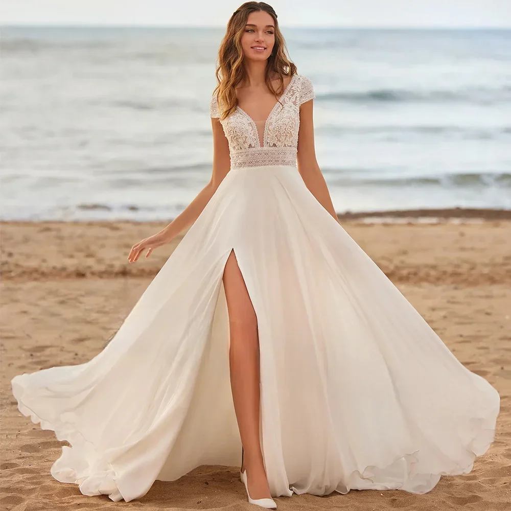 

Customized Bohemian Chiffon Beach Criss-Cross Back Wedding Dress Lace Long Sleeves V-neck Side Slit Bridal Gowns