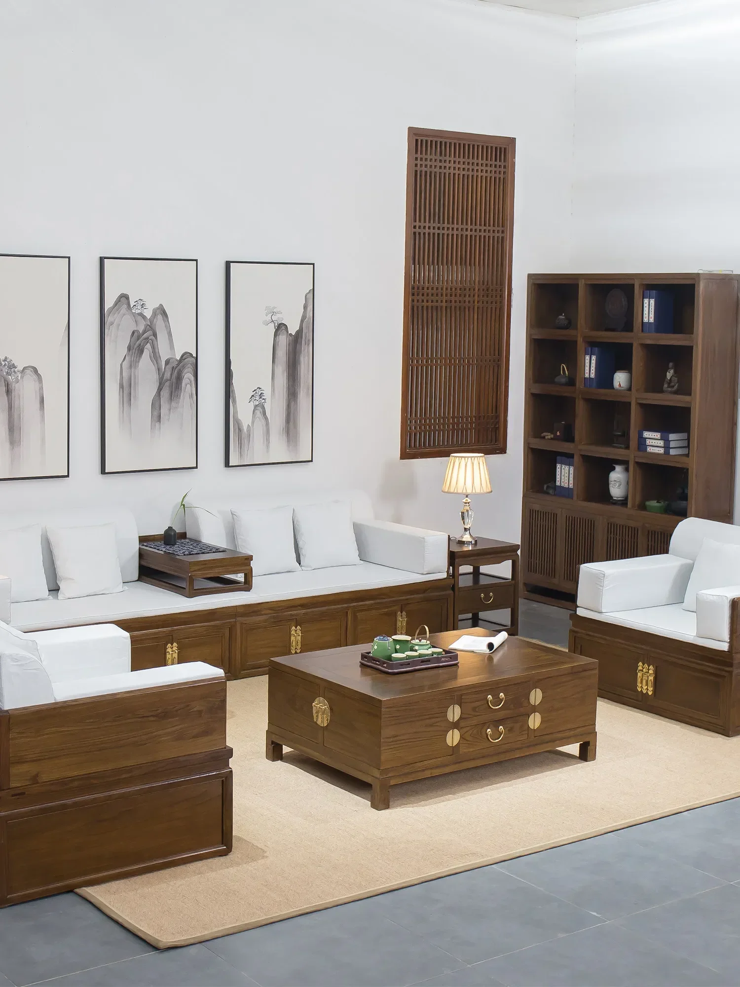 HYS New Chinese Combination Solid Wood Sofa Living Room Arhat Bed Coffee Table Single Sofa Elm Black Walnut Zen Furniture