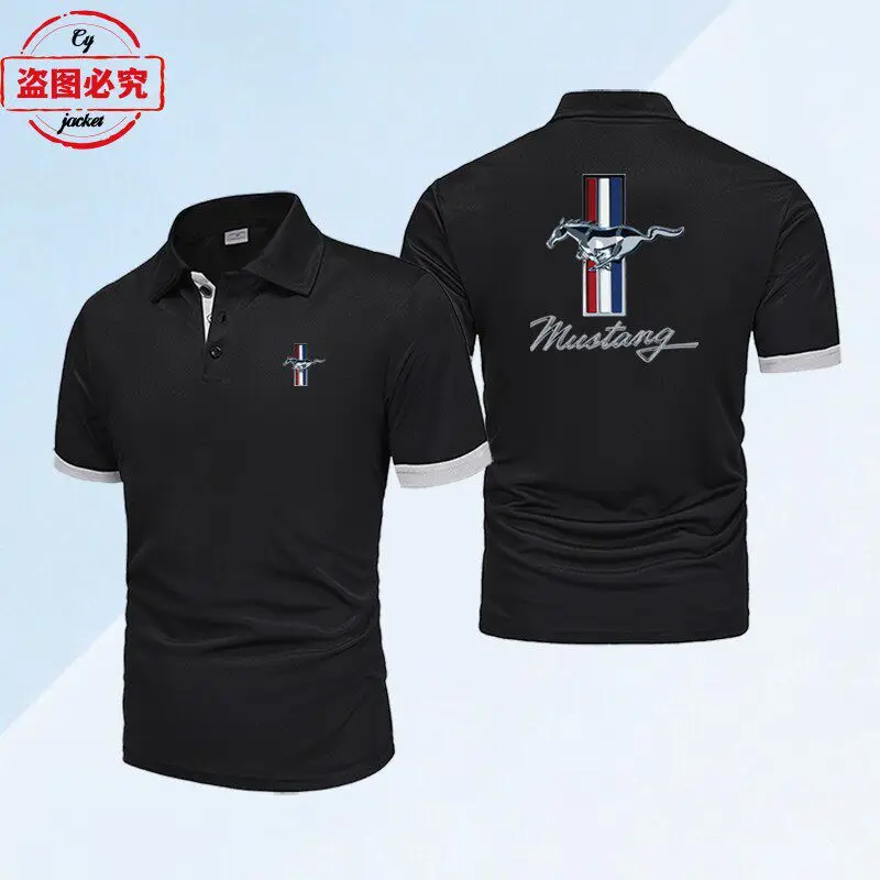 European Size Supercar Logo with Mustang Print Men's Short Sleeved Sports T-shirt, Polo Shirt, Racing Suit, Team Workwear